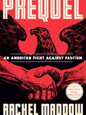 Title of book Prequel, bird with wings open, two hands perfroming handshake on a red background