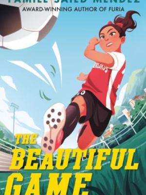 The beautiful game, girl with a red bow, ponytail and red soccer uniform kicking a soccer ball