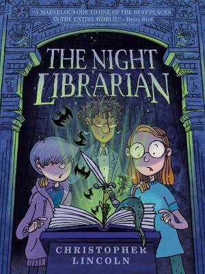 The night librarian, the people standing in front of a green glowing book with a monster tentacle, a hand with a knife, and bats coming out of it, all under an archway