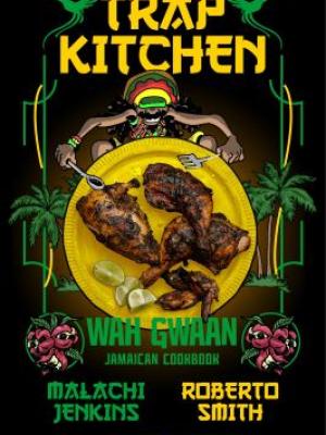 Man with a Rasta cap holding a fork and spoon over a yellow plate of cooked chicken